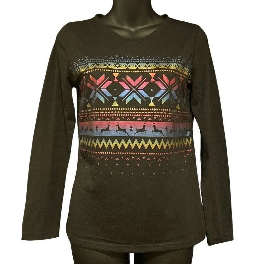 Iridescent Ugly Christmas Fair Isle V-Neck T-Shirt Girl’s 16